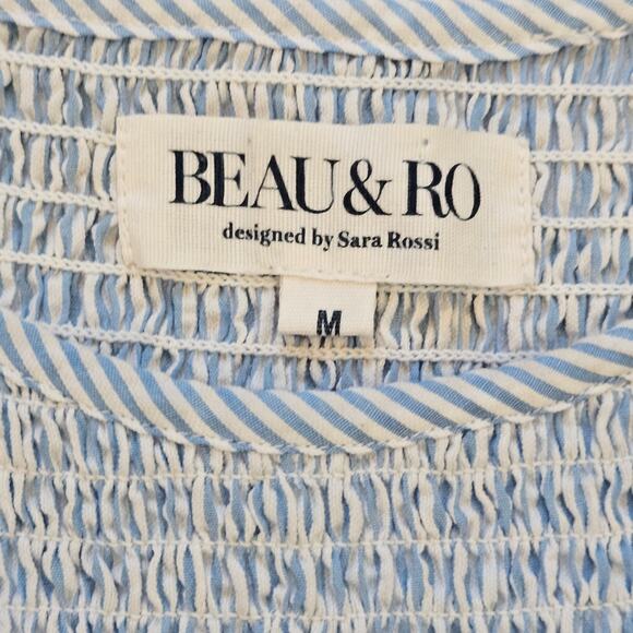 The Margot Dress Size M  Blue Seersucker Smocked Bodice Maxi Flutter Hem Pockets - Picture 10 of 12